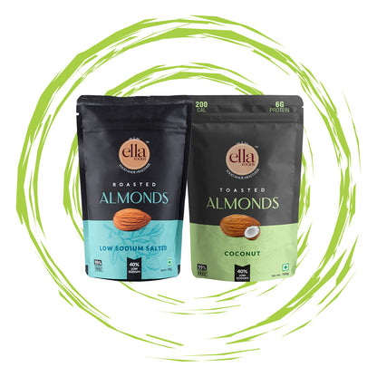 Salted Almonds & Coconut Toasted Almonds Combo | 100 grams each | Pack of 2 | 40% Low Sodium Salt