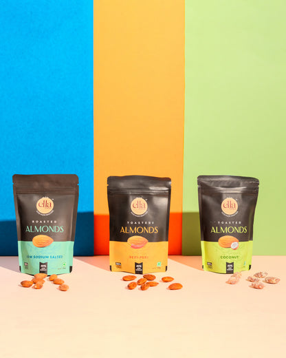 Healthy Nuts Combo - Salted Almond, Salted Cashews, Chilli Lime Cashews, Peri-Peri Almonds & Coconut Toasted Almonds |100g each | Pack of 5