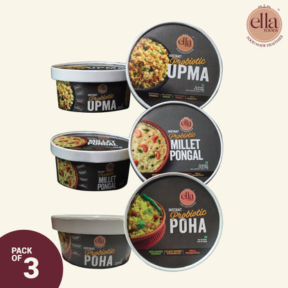 Ready to Eat Instant Probiotic Upma | Khara Pongal | Instant Poha |Combo Pack of 3 | 65g each | with added Probiotics