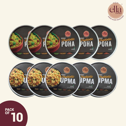 Ready to Eat Instant Poha | Instant Upma| Combo Pack of 10 | 5 of each | with added Probiotics