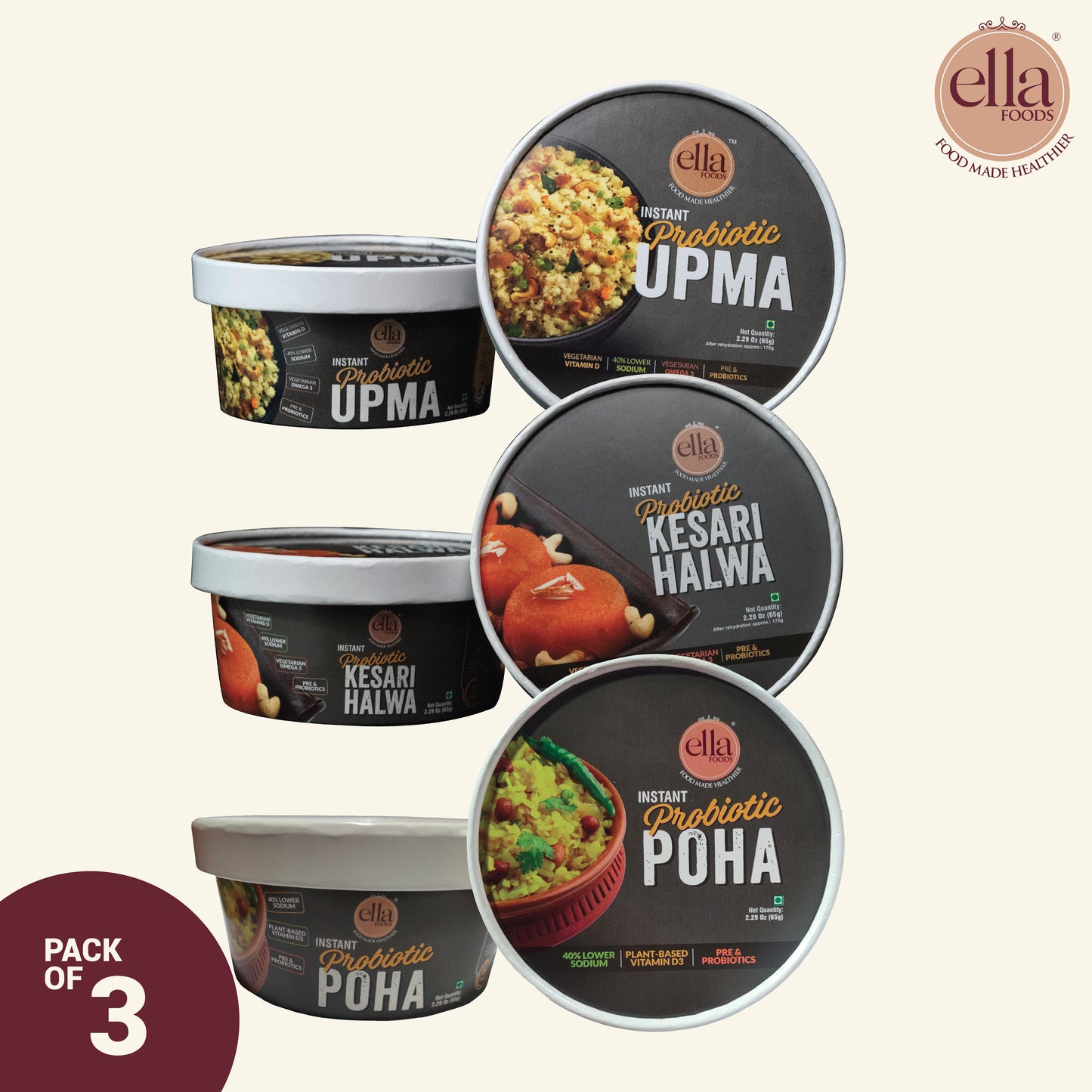 Ready to Eat Instant Probiotic Upma | Kesari Halwa | Instant Poha | Combo Pack of 3 |  65g each | with added Probiotics