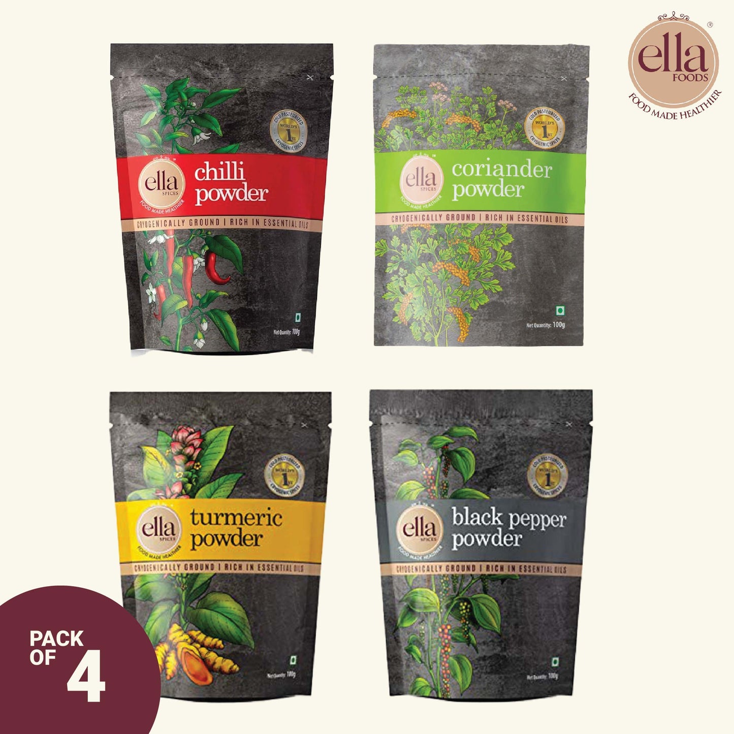 Spices Combo | 100 grams each |Black Pepper, Chilli, Turmeric, Coriander Powder | Pack of 4 | Cryogenically Ground | 2X Aroma