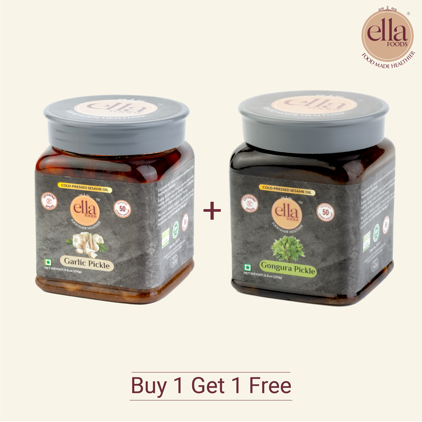 Garlic Pickle + Gongura Pickle | Buy 1 Get 1 Free (2 pcs)| Bold Flavor | Low Sodium | 250g Each | Limited Time Offer