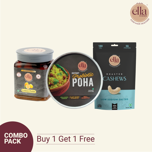 Healthy & Delicious Snack Pack Combo | Probiotic Instant Poha 65g, Lemon Pickle 250g & Salted Cashew 30g | Buy 1 Combo Get 1 Combo Free (6pcs)